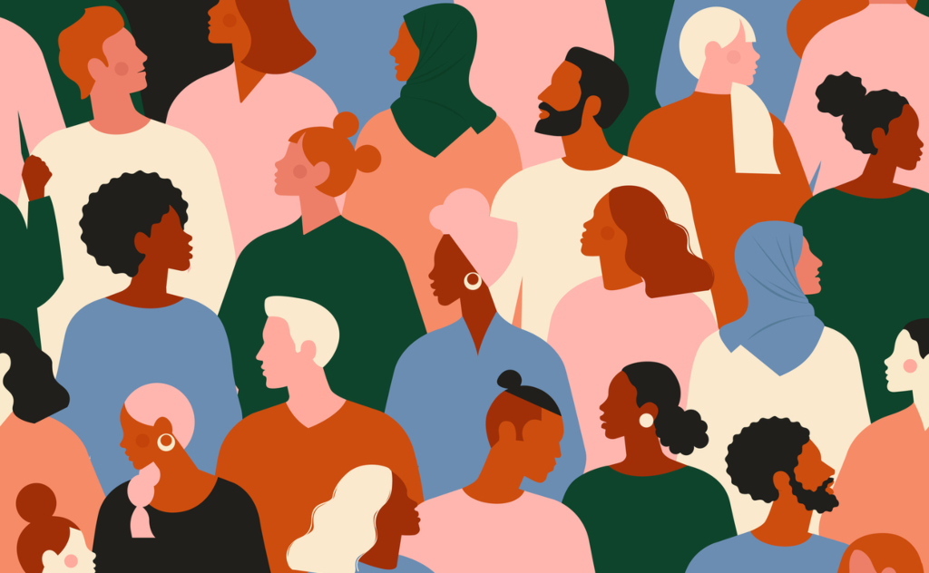 People of different genders and ethnicities in an illustrated crowd