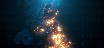 Night Map of United Kingdom with City Lights Illumination. 3D render