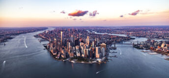 Manhattan's world famous skyline from birds point of view.