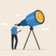 Illustration of a businessperson looking into a telescope. There is a gold coin at the end of the telescope
