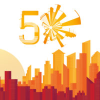 Red 50 skyline with logo