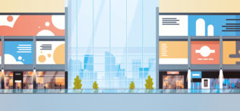 Illustration of a mall front and shopping retail units