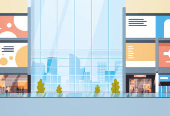 Illustration of a mall front and shopping retail units