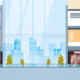 Illustration of a mall front and shopping retail units